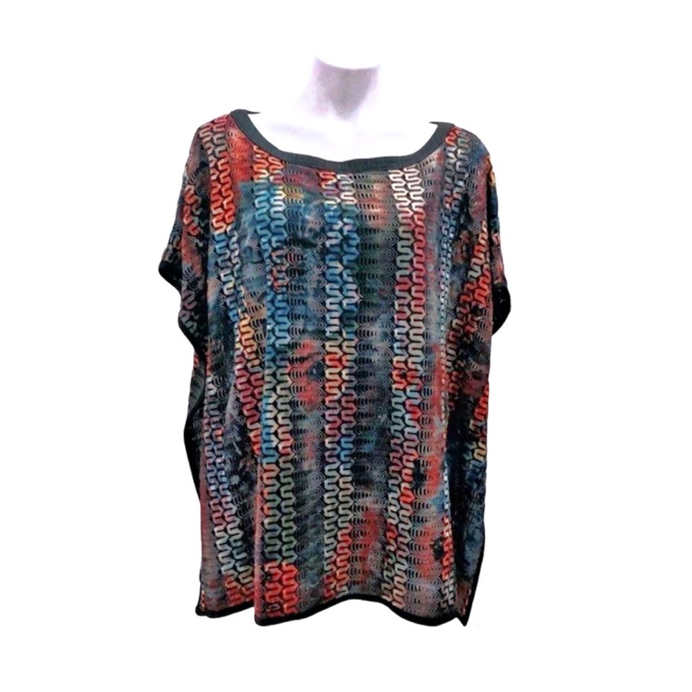 SHU+SHU Kaftan Lace Floral Black Multi Tunic Size L EXCELLENT! Retail $148